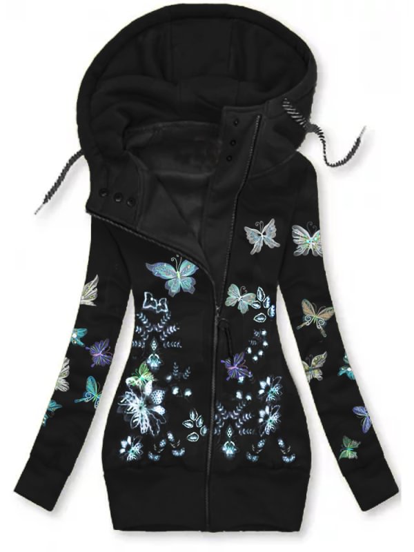Retro Floral Tree Print Zipper Hooded Jacket Coat