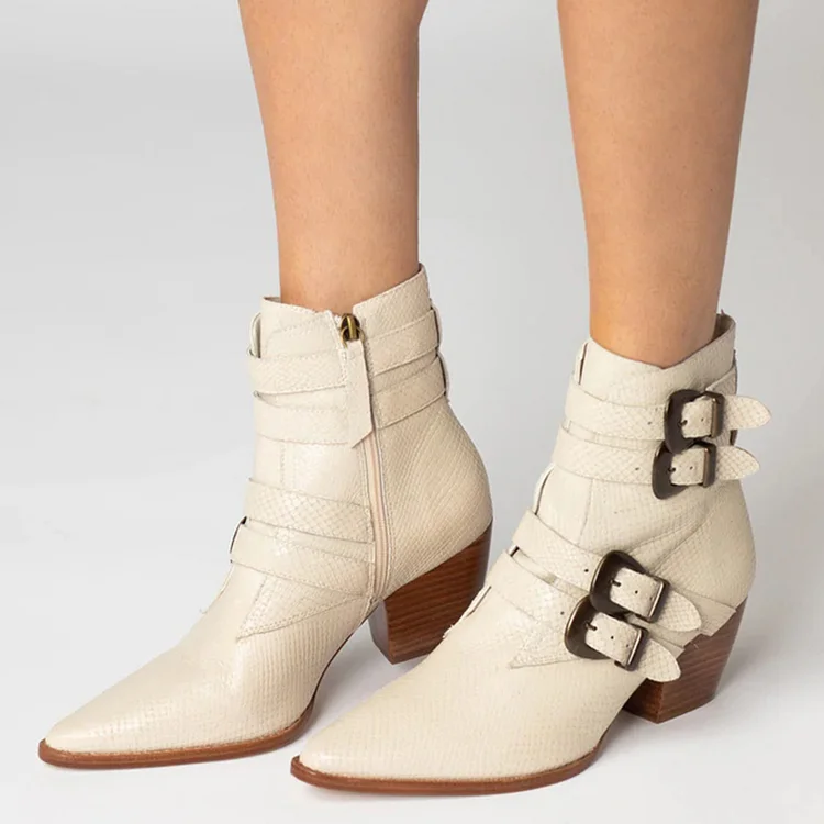 Beige Snake Embossed Buckle Chunky Heel Western Boots for Women |FSJ Shoes