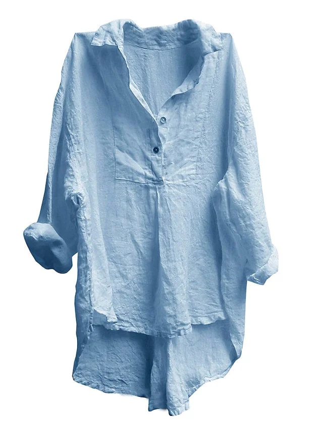 Women's Solid Color Blouse Button Long Sleeve V-Neck Basic Plus Size Tops