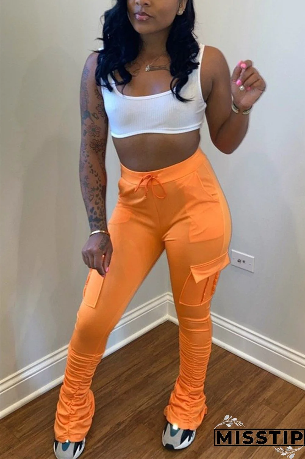 Fluorescent green Drawstring High Solid Pocket Draped Boot Cut Pants Bottoms