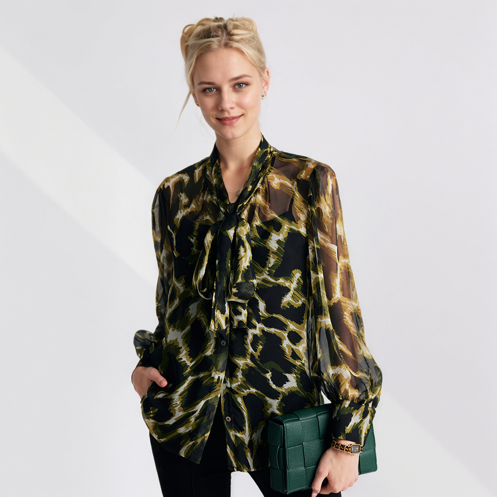 Crepe Silk Blouse Shirt Printed Green Bow-tie For Women REAL SILK LIFE