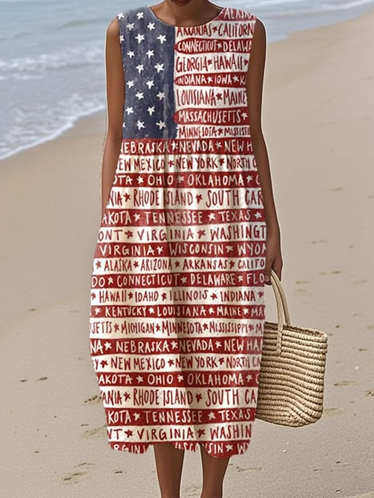 Women's Independence Day Printed Cotton Linen Dress wearshes