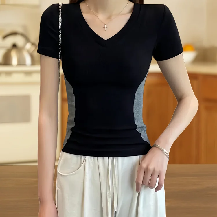 セクシー 配色 Ｖネック 半袖 合わせやすい Tシャツ