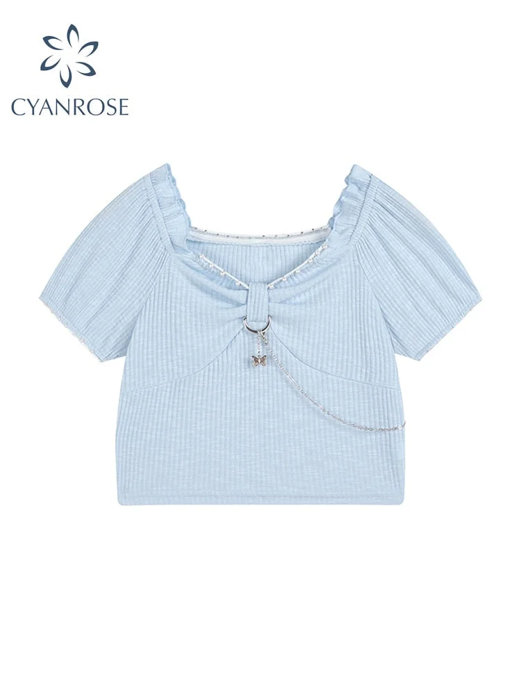 2022 Sexy Women Crop Top Y2k V-Neck Casual Bow Ruched Short Sleeve Summer Korean Sweet T Shirt Fashion Vintage Female Tee Tops