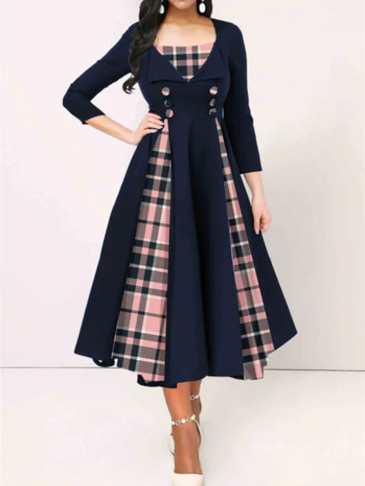 Women's Long Sleeve Square Collar Graphic Plaid Midi Dress