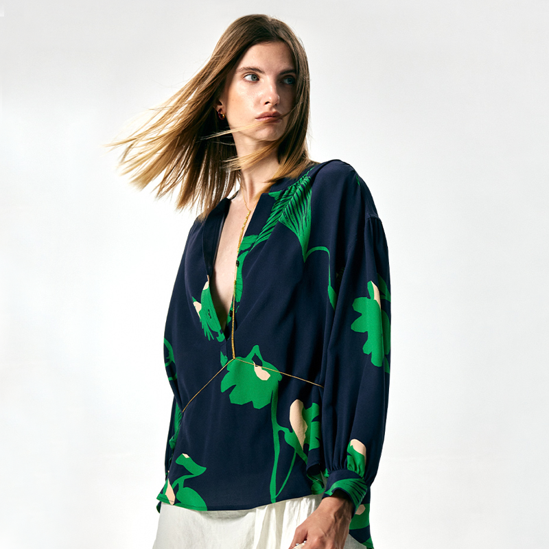 Chemise en soie Imprimée Bleu Marine- SOIE PLUS