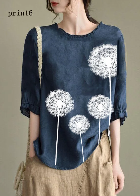 Handmade Navy-print6  lantern Sleeve O-Neck Embroidered Summer Ramie Blouses