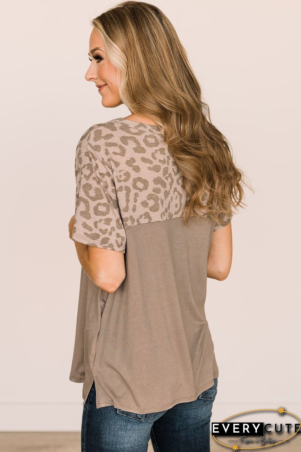 Khaki Leopard Yoke Color Block T Shirt