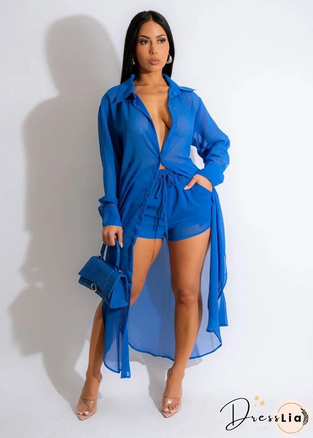 Long Sleeve Chiffon Shirt Dresses+Shorts Two Piece Set