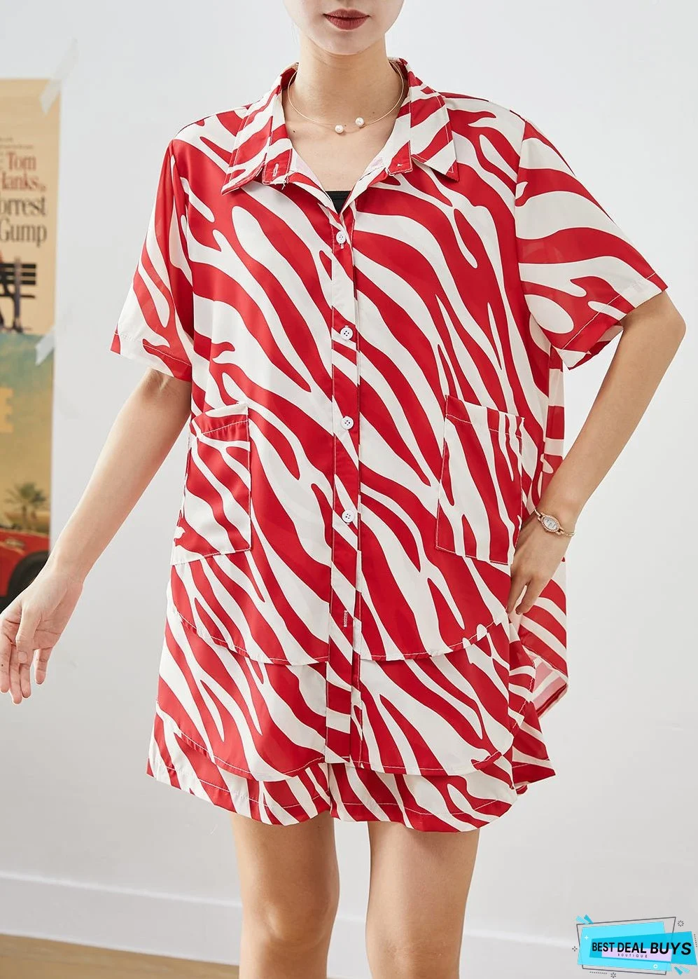 Red Striped Patchwork Spandex Two Piece Suit Set Oversized Summer