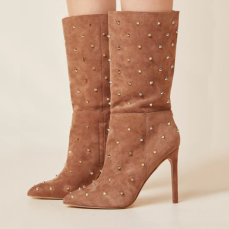 Brown Vegan Suede Stiletto Shoes Pointed Toe Rivets Mid-Calf Boots |FSJ Shoes