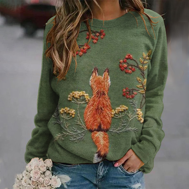 Fox Print Round Neck Long Sleeve Casual Sweatshirt artswardrobe