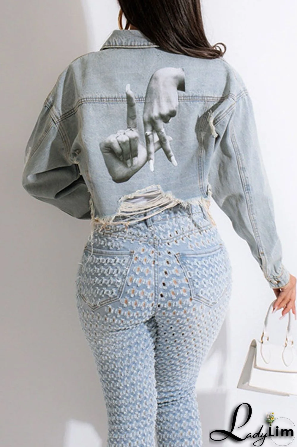 Black Yellow Street Print Make Old Patchwork Buckle Turndown Collar Long Sleeve Straight Denim Jacket