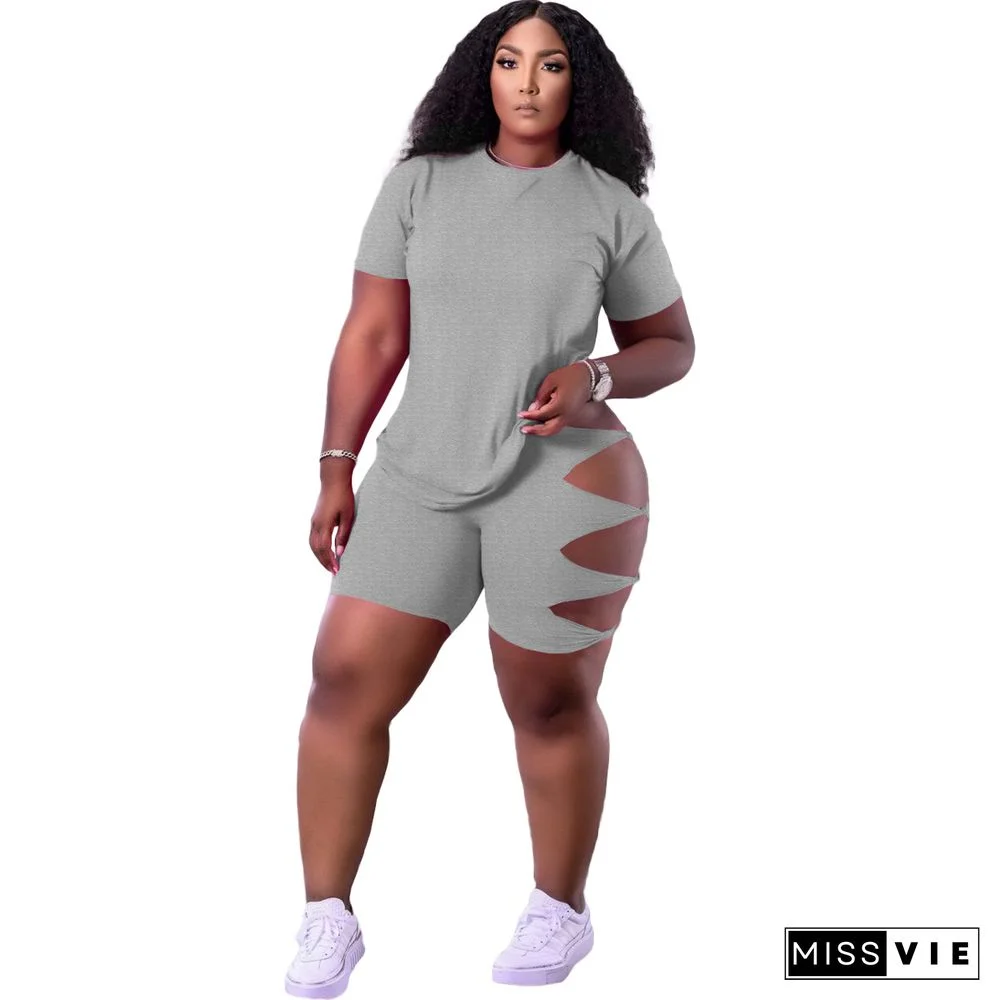 Fashing Solid Women Clothing Round Neck Short Sleeve T Shirt Bodycon Hole Biker Shorts Two Piece Outfit