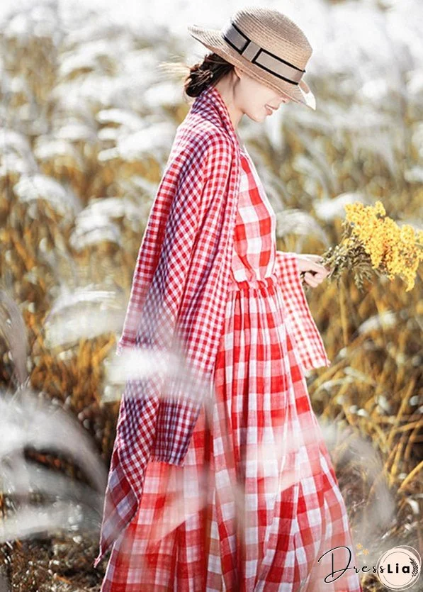 New Red O Neck Plaid Cinched Cotton Long Dresses Fall