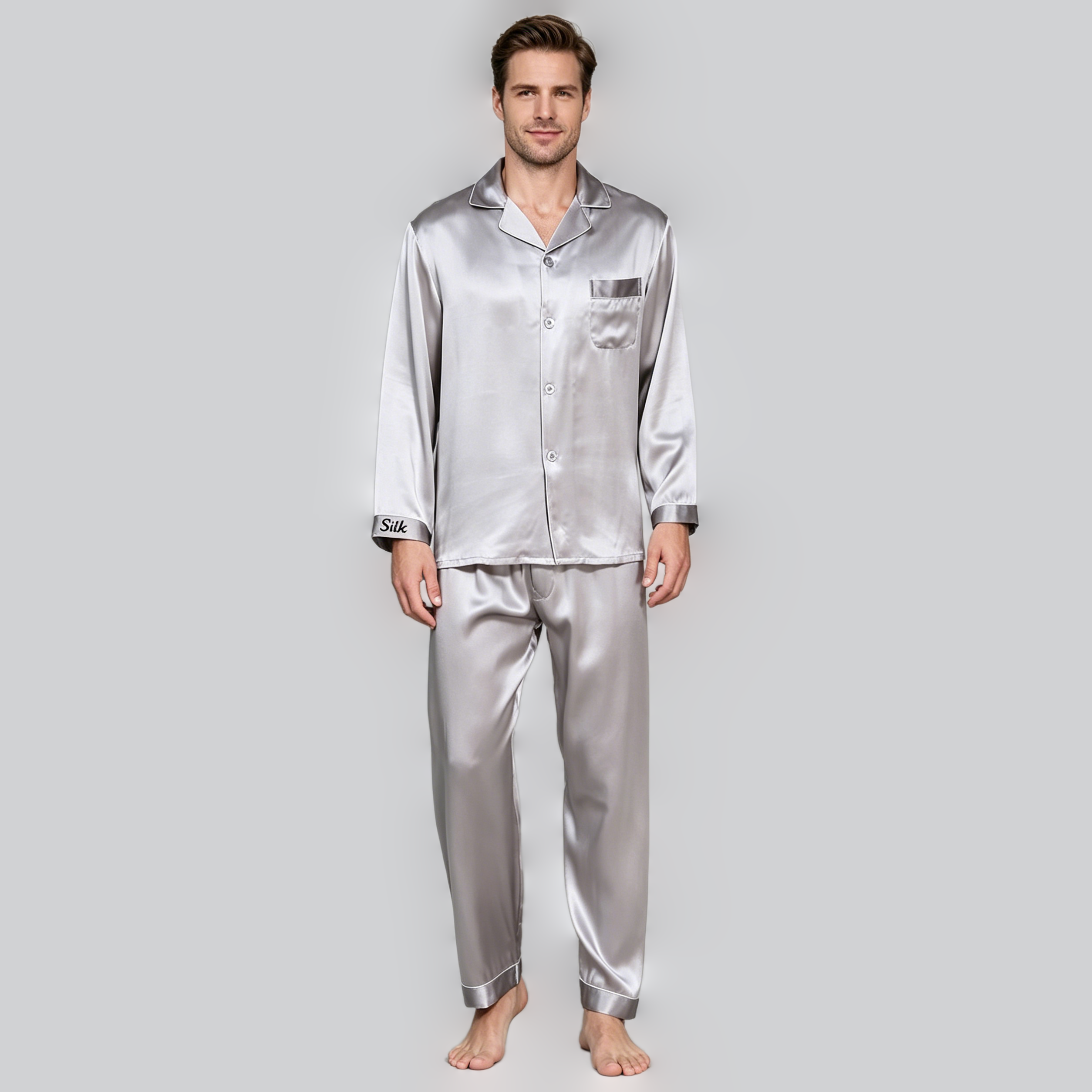 Monogrammed Silk Pajamas Men 22 Momme Mulberry Silk Matching Sleepwear Set REAL SILK LIFE