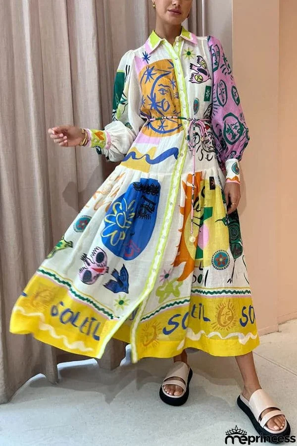 Boldness and Art Unique Print Balloon Sleeve Patchwork Shirt Midi Dress