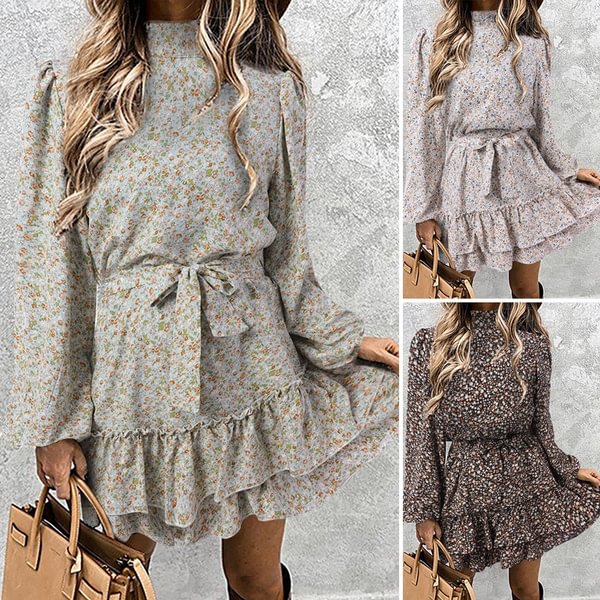 Womens Long Sleeve Mini Dress Floral Print Ruffled Evening Party Casual Pleated A Line Dress Plus Size - Shop Trendy Women's Clothing | LoverChic