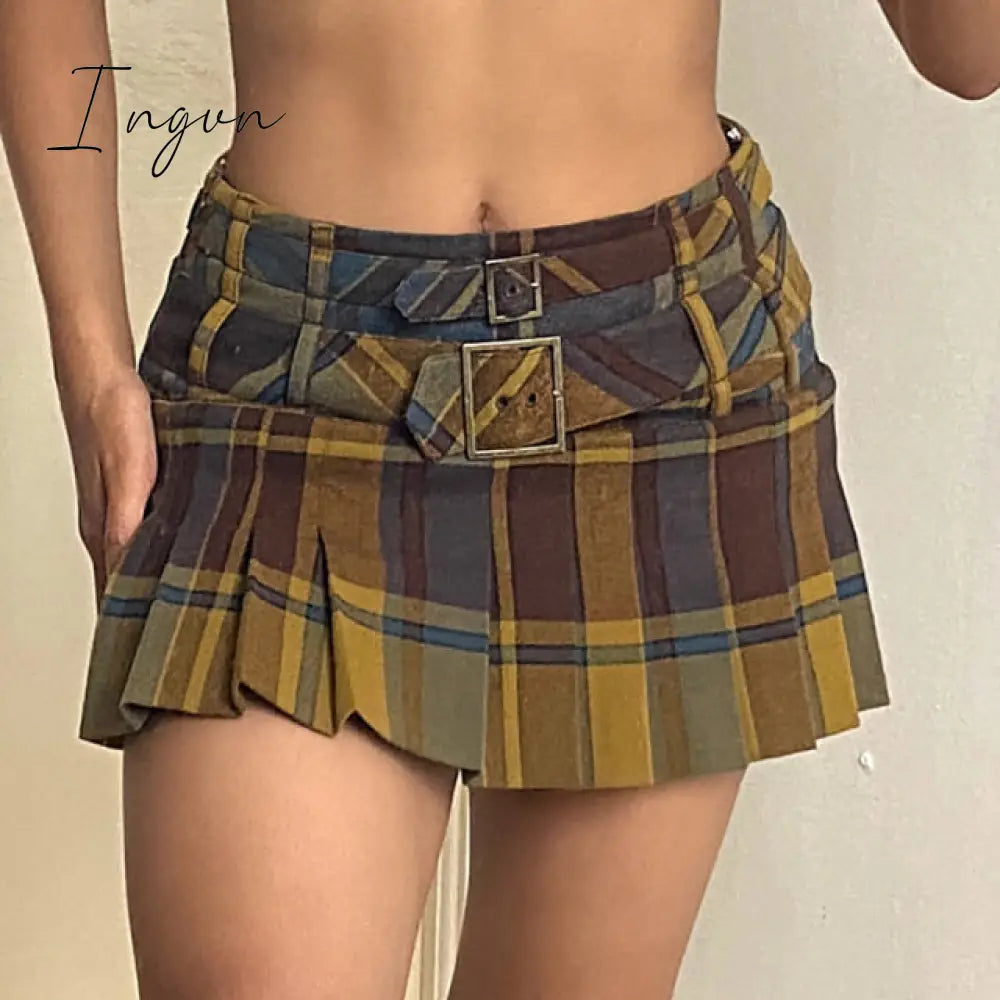 Ingvn - Preppy Style Grunge Vintage Plaid Mini Skirt Sexy Women Y2K Aesthetic Kawaii Low Rise