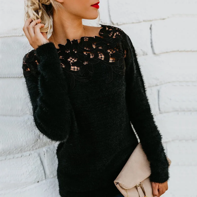 Off Shoulder Lace Splicing Solid Color Sweater