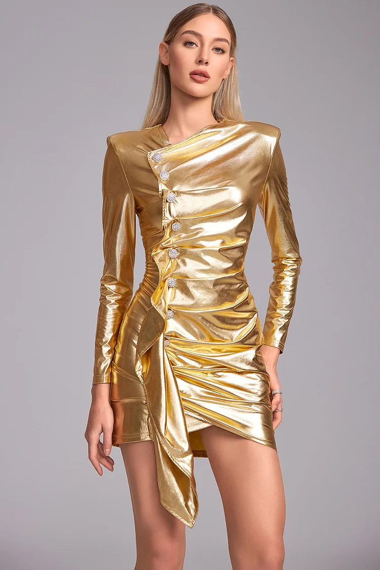 Skew Neck Draped Button Metallic Mini Dress-Gold