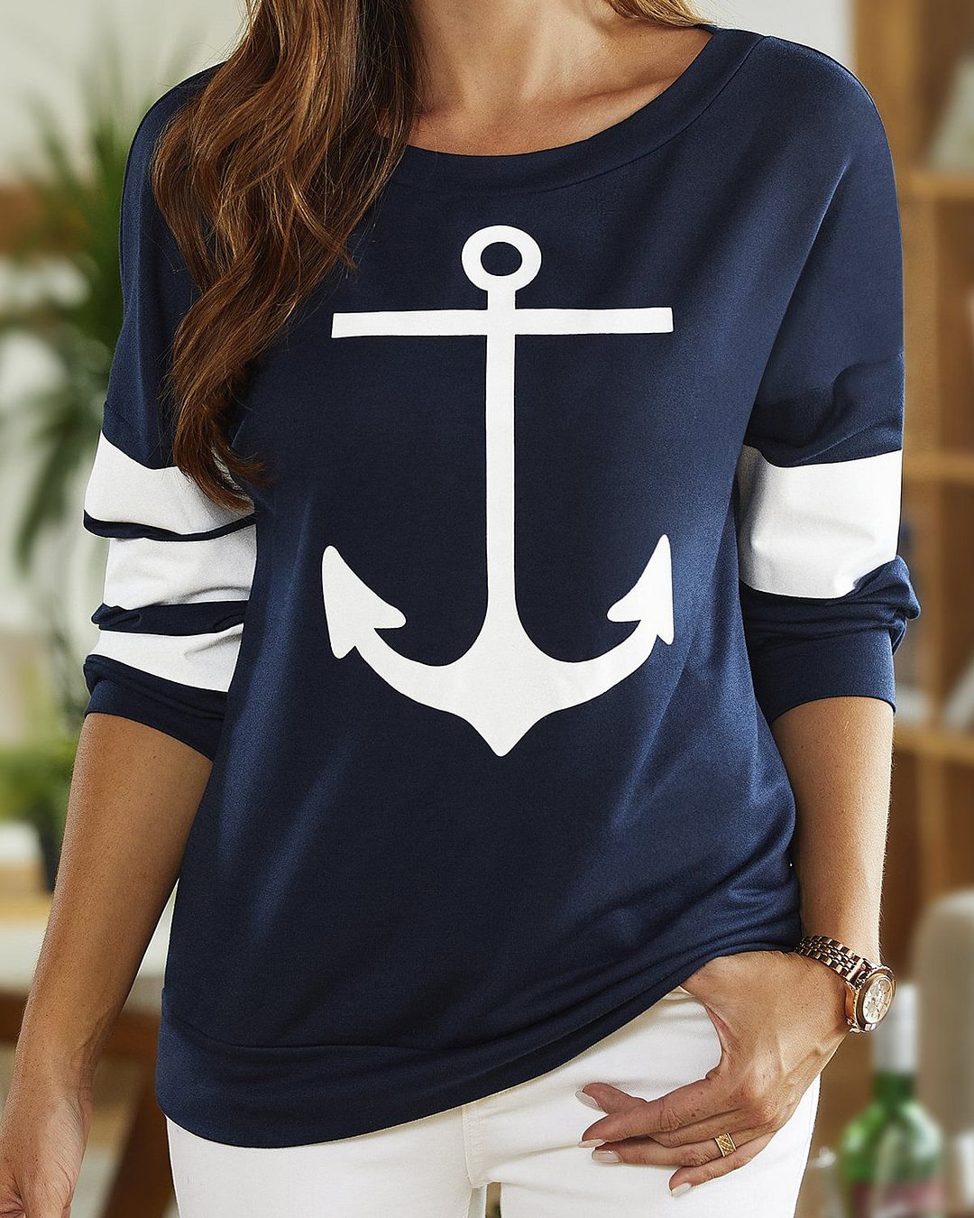 Fashion Round Neck Printed Long-Sleeved Top