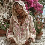 Classic Bohemian Style Pink Rose Vintage V-neck Hoodie - Image 2