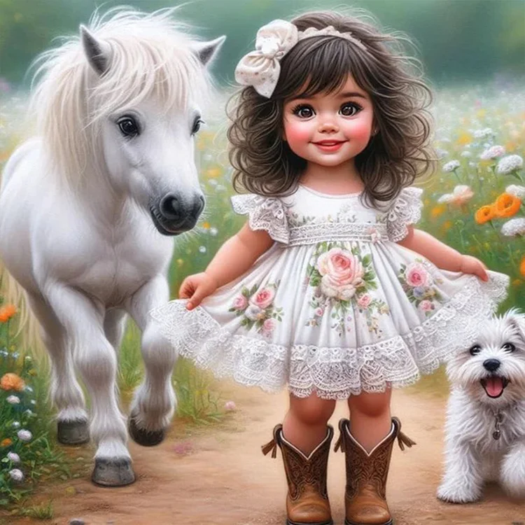 Sunshine Girl With Pony And Puppy 30*30CM (Canvas) Full Round Drill Diamond Painting gbfke