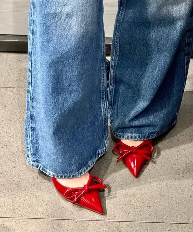 Elegant Bow Splicing Stiletto High Heels Red Faux Leather