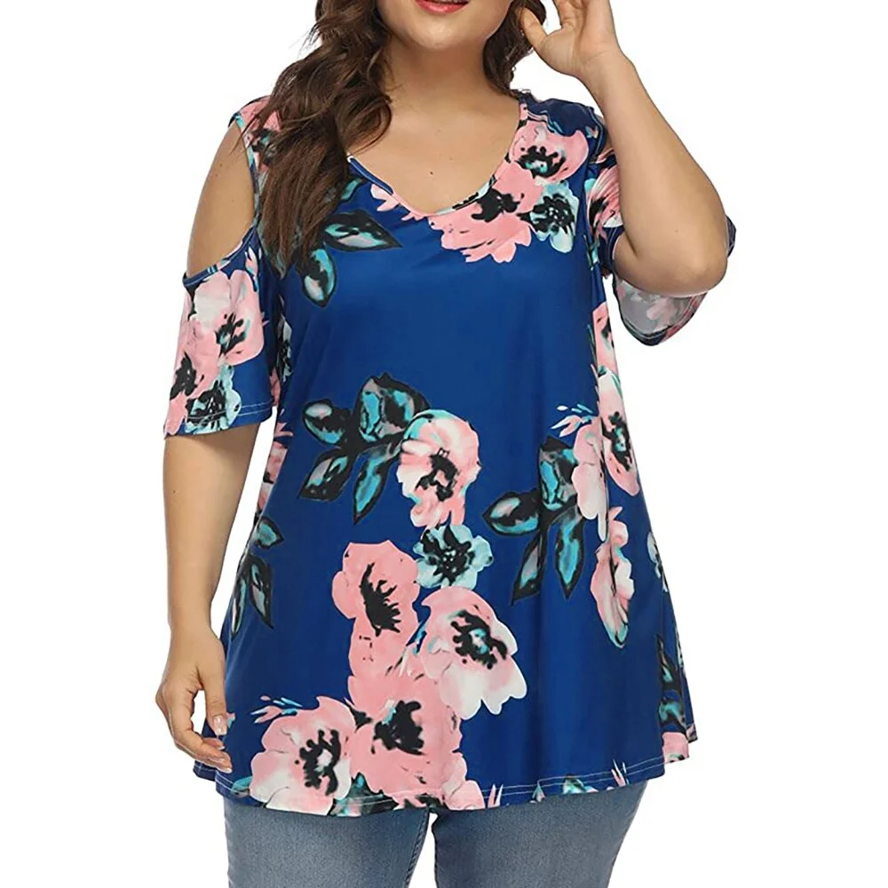 5XL Plus Size Women Floral Print Round Neck Tops and Blouse Lady Hollow Out Half Sleeve Summer Casual Female Loose T Shirts D30