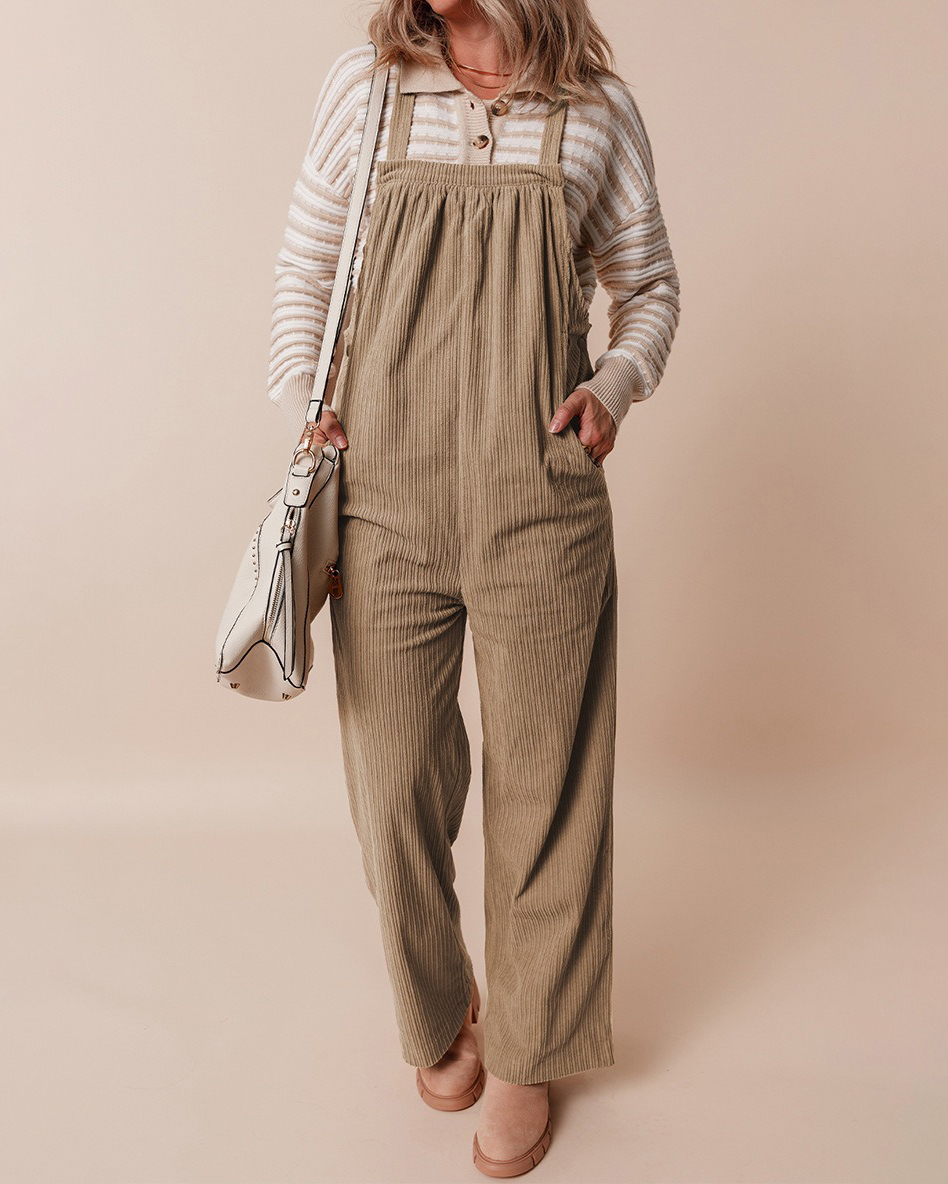 Solid Color Adjustable Strap Wide Leg Corduroy Jumpsuit
