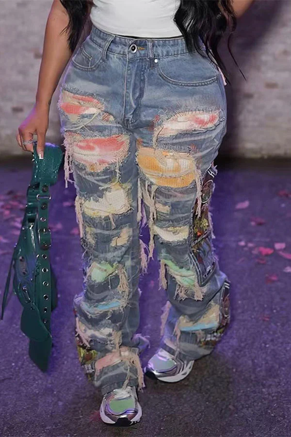 Washed Ripped Stylish Tie Dye Patchwork Jeans