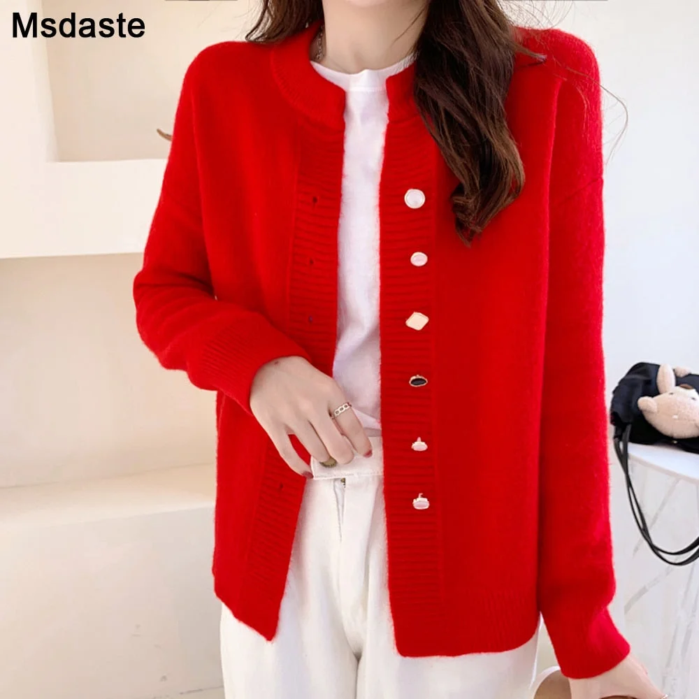 Women Cardigan Sweater Top Red White Knitted Sweater Coat Autumn Winter Good Quality Female Tops Cardigans Sweaters Outerwear