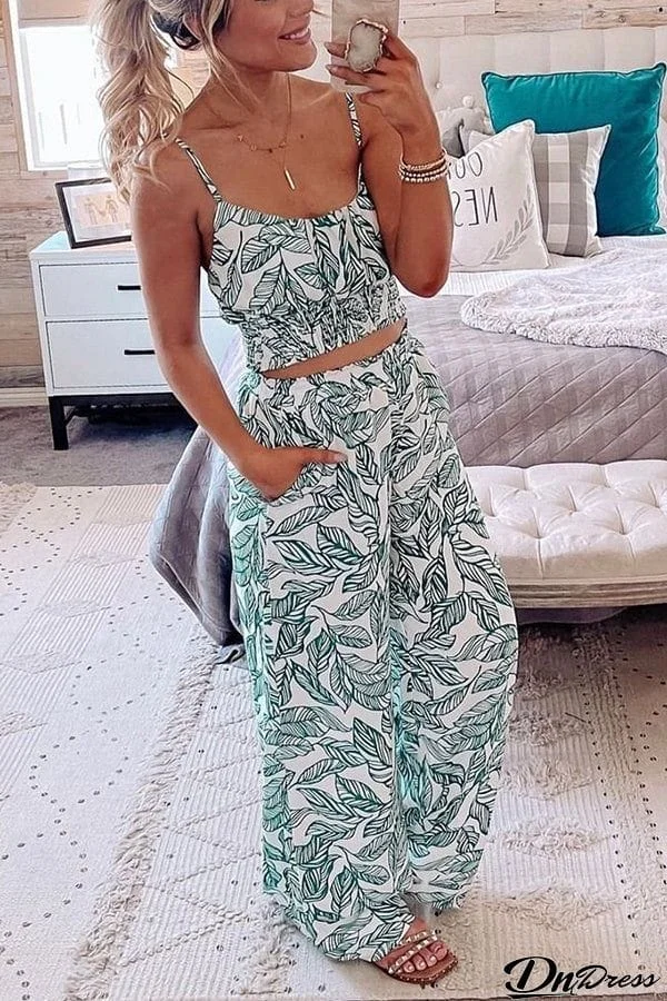 Ocean Sunset Leaf Printed Smocked Pants Set