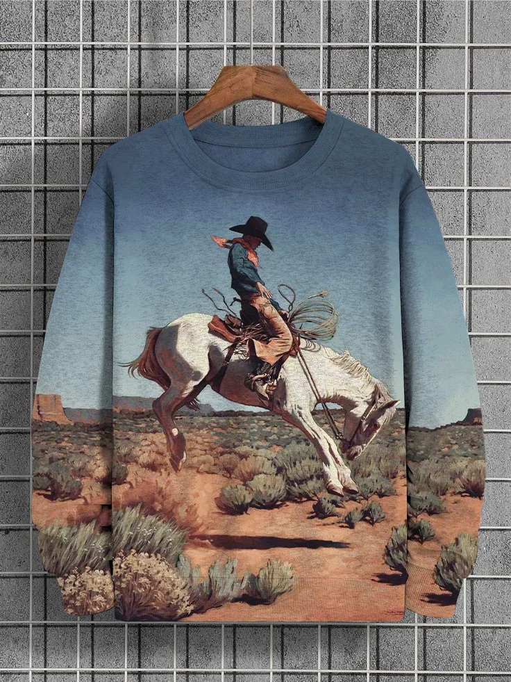 Men's Western Oasis Cowboy Riding Horse Print Cozy Sweatshirt