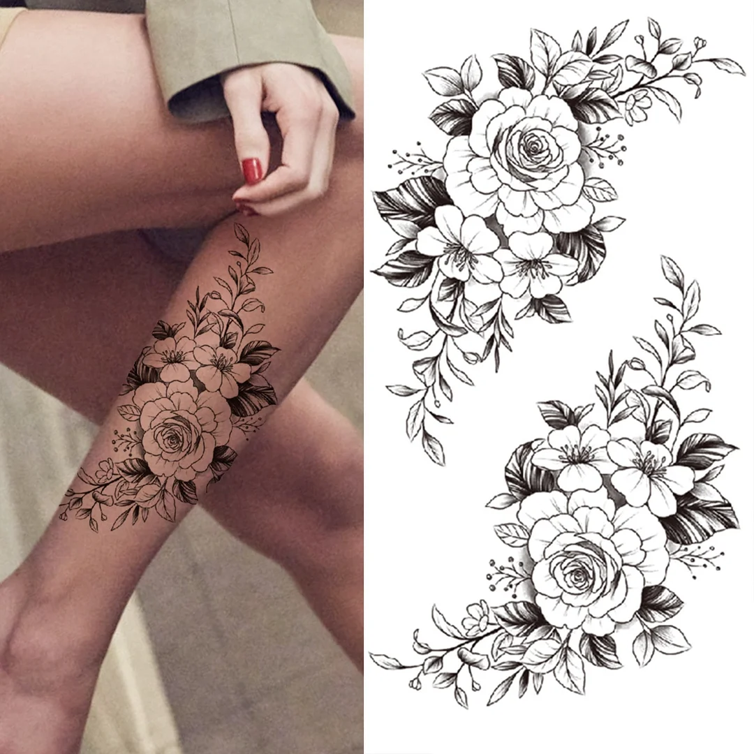 Peony Flower Temporary Tattoo For Women Girls Black Mask Zinna Lily Chains Tattoos Sticker Snake Fake Realistic Rose Tatoos Leg 923