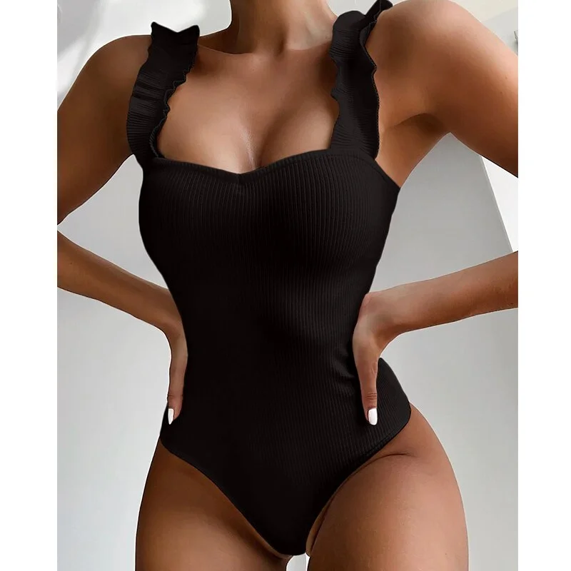 2021 New Sexy One Piece Swimsuit Women Ruffle Swimwear Bodysuit Swimsuit Push Up Monokini Solid Bathing Suits Summer Beach Wear