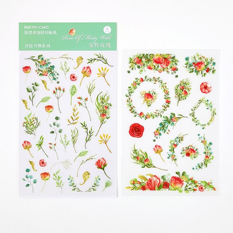 JOURNALSAY 2 Sheets PVC White Ink Transfer Flat Sticker Small Fresh DIY Journal Flowers
