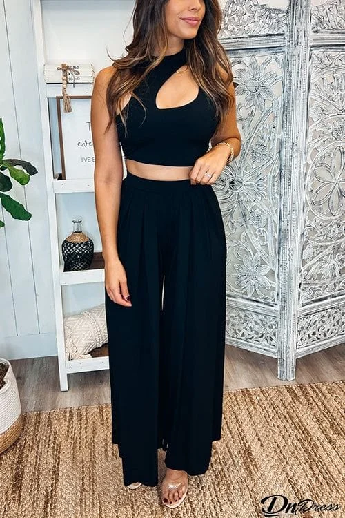 Hollow Out Solid Wide Leg Two Piece Sets