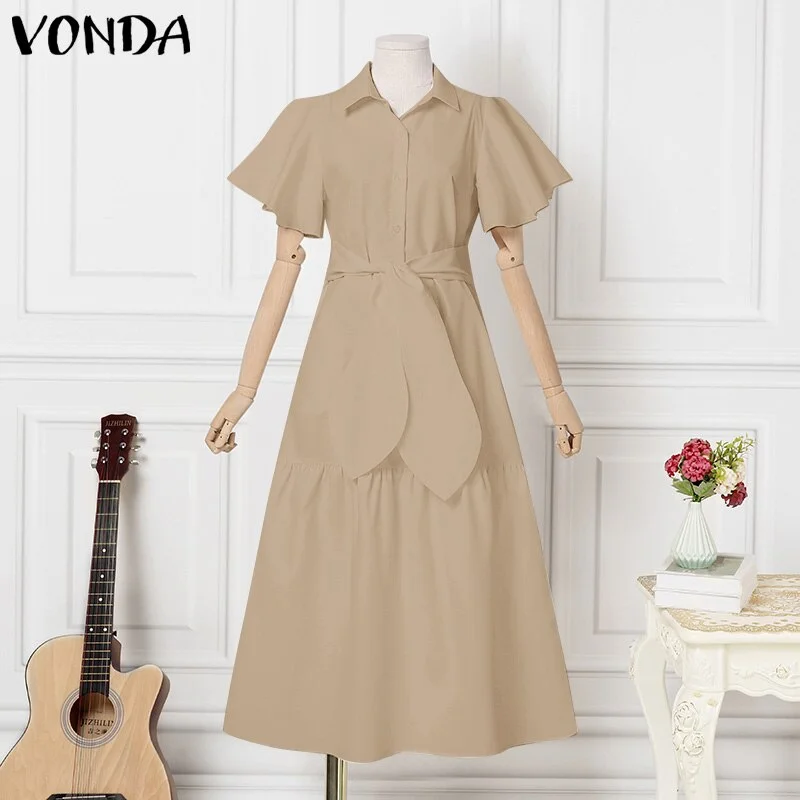 VONDA Summer Vestidos Women Short Sleeve Ruffled Tunic Dress Ladies Solid Robe Spring Casual Lapel Collar Button Up Sundress
