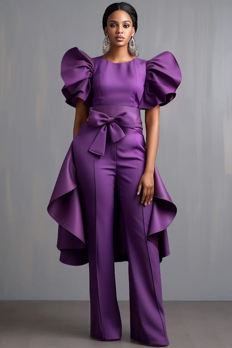 Xpluswear Design Plus Size Formal Purple Round Neck Flutter Sleeve Short Sleeve Detachable Overskirt Elegant Pocket Jumpsuits [Pre-Order] 2024 - Xpluswear