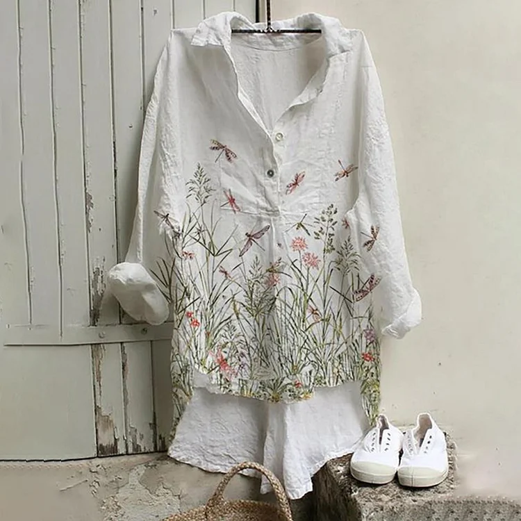 Retro Floral And Butterfly Printed Button Casual Tunic