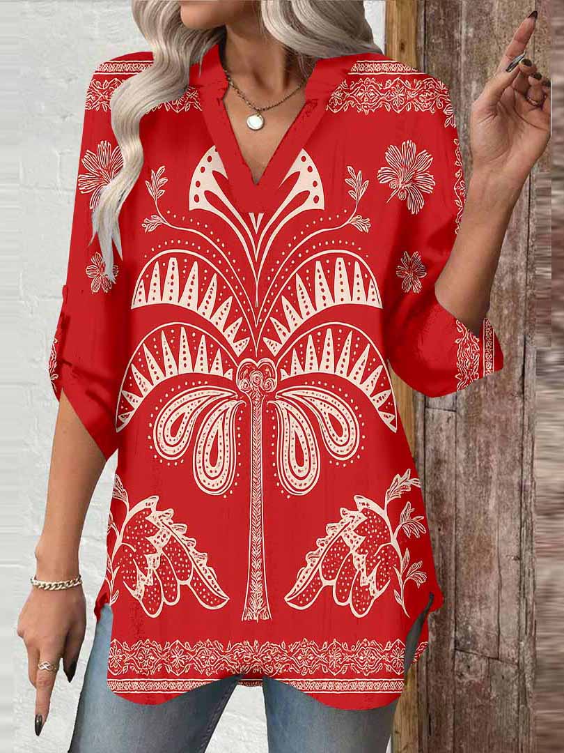 Women Tropical, Red,Ladynora DZGA0084 3/4 Sleeve V-neck Printed Graphic Button Tops