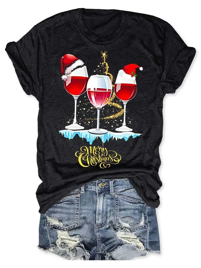 Women's Wine Simple Christmas Print Casual T-Shirt-mysite