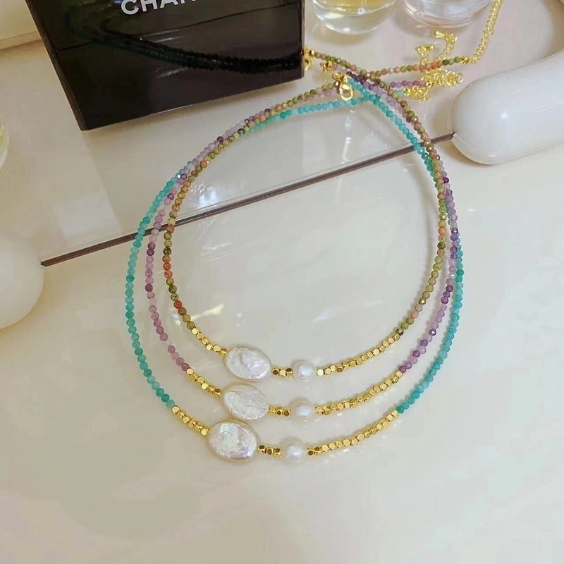 IG Style Geometric Natural Stone Pearl Black Gallstone Beaded Chain Necklace In Bulk