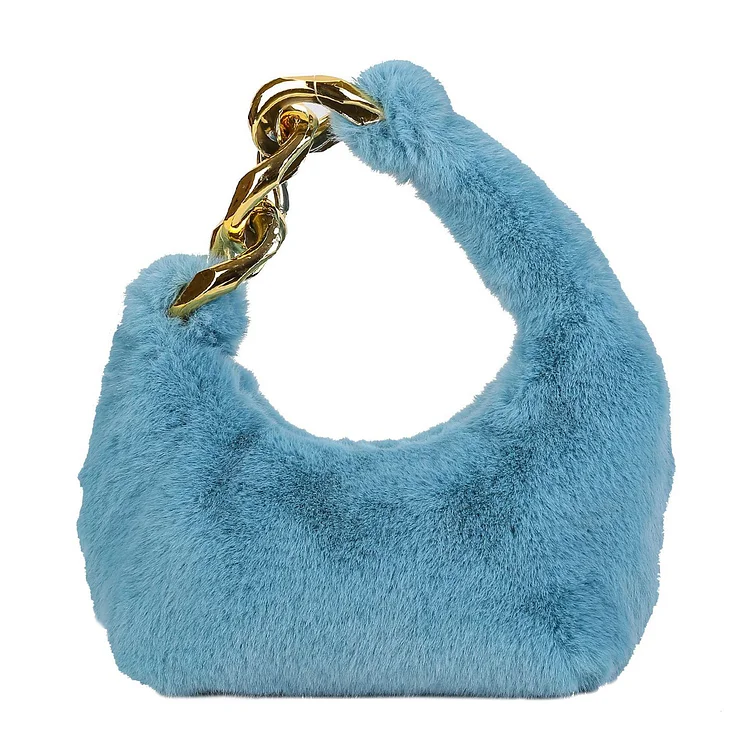 Women Fluffy Handbag Zipper Plush Soft for Shopping Dating Travel (Sky Blue)
