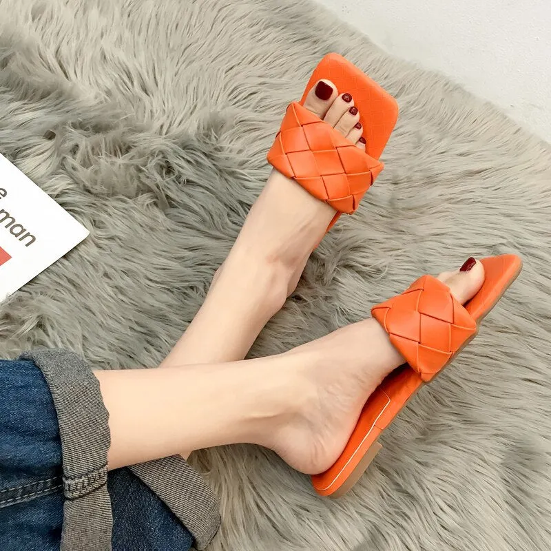 Lucyever 2021 New Fashion Weaving Summer Slippers Women Casual Open Toe Flat Sandals Woman Comfortable Beach Slides flip flops