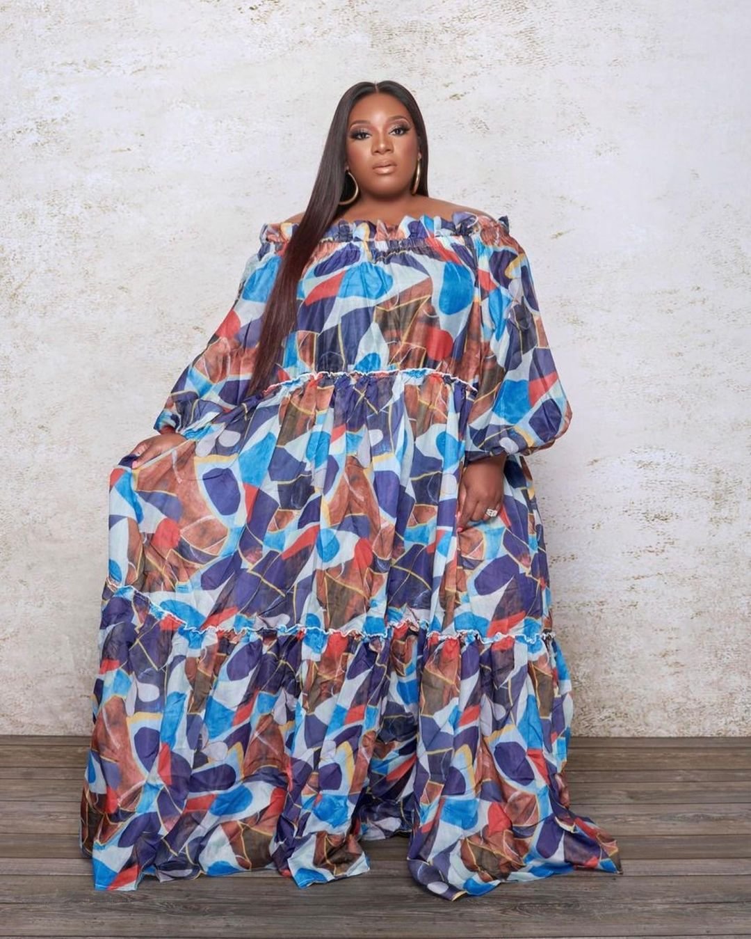 CM.YAYA Women Dress Print Off Shoulder Full Sleeve Loose Maxi Swinging Long Dresses Sexy Fashion Outfits Summer 2021