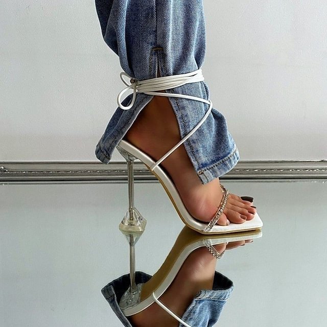 Women's Lace Up Sandals Sparkling Glitter Square Toe Sandals