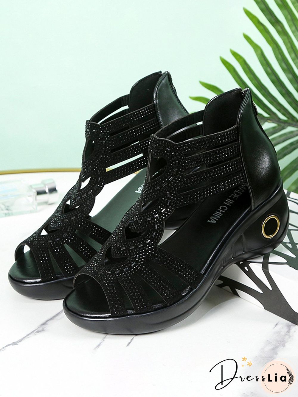 Rhinestone Cutout Heart Shape Wedge Sandals